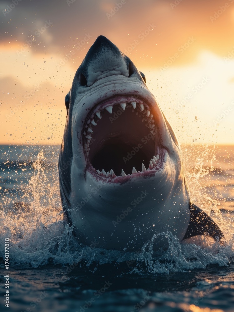 Great White Shark Breaching at Sunset with Jaws Wide Open and Water ...