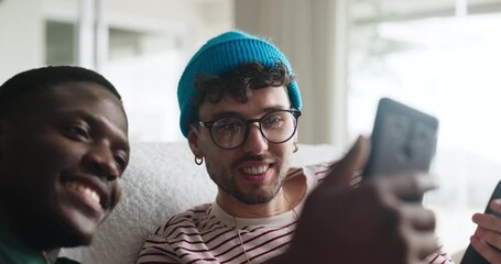 Happy, men and friends with phone on couch for research, social media and reading gossip at reunion. Smile, people and mobile on sofa for browsing internet, message notification and bonding at house