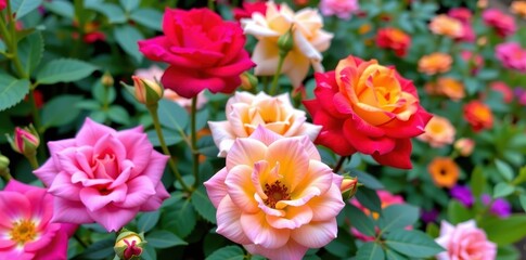 Wall Mural - Vibrant roses in full bloom, showcasing a rainbow of colors in a lush garden setting, macro, beauty