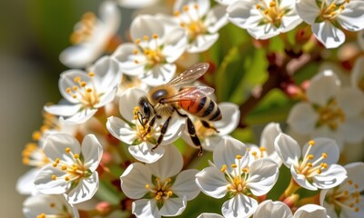 Wall Mural - A European orchard bee, dusted with bright yellow pollen, diligently works the pristine white blossoms of a Japanese skimmia shrub in warm sunlight, natural light, bloom, bee
