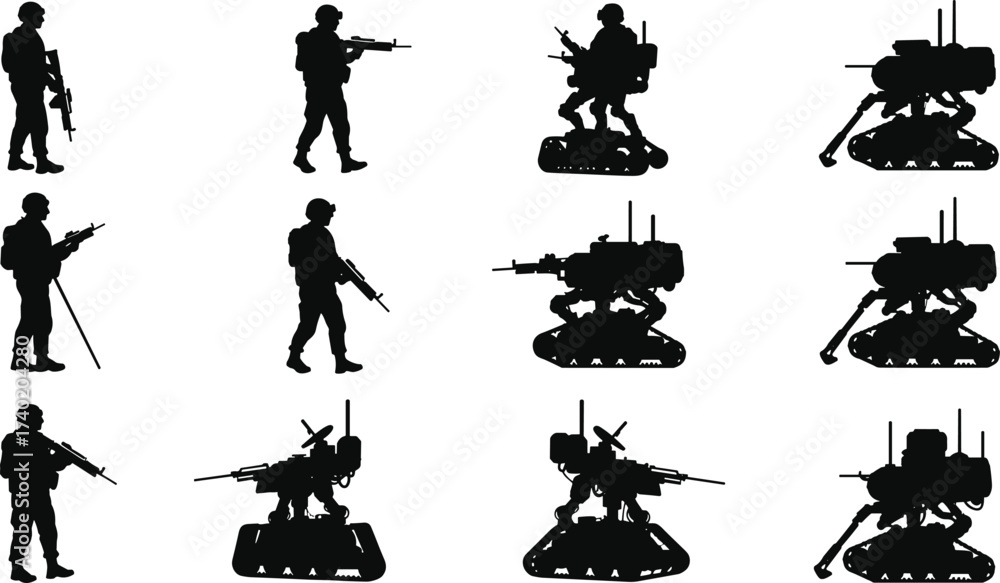 Soldier Using Computer Silhouette Vector silhouettes of soldiers with rifles and unmanned ground vehicles ...