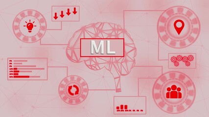 Machine Learning concept with interconnected icons and glowing red lines on dark background technology