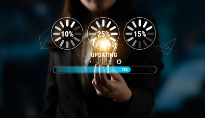 A concept of a system update and software installation. A progress bar and loading icons showing the update percentage and status. Motif