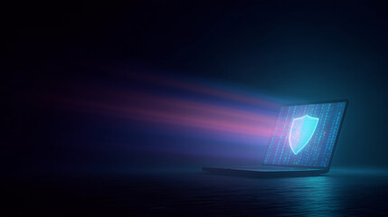 A glowing holographic shield with binary code overlay projected above a laptop, futuristic cybersecurity encryption theme, neon cinematic