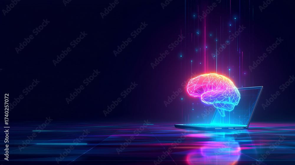 Glowing holographic brain connected by digital neural networks above a ...
