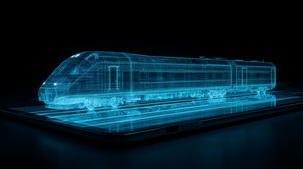 Glowing holographic train projected above a tablet