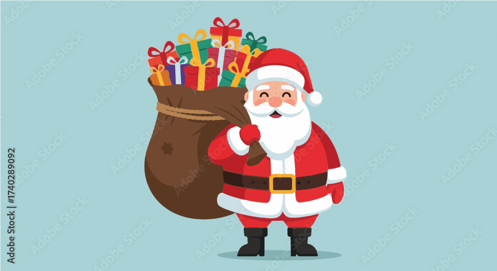 Santa claus carrying a sack full of presents on his back with a light ...