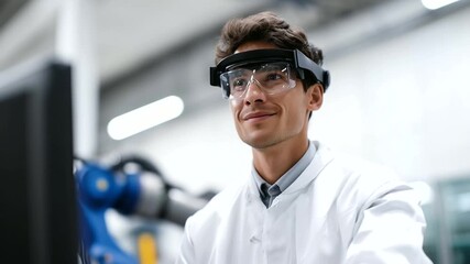 Engineer in modern lab using VR to test automation systems, robotic prototype displayed on monitor, immersive industry 4.0 engineer in lab, VR test, automation system, robotic prot