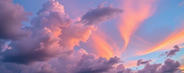 Wall Mural - Soft pink and blue hues paint a cloudy spring or summer sky at dawn, promising a warm day, summer, background