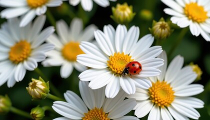 Wall Mural - Close-up of delicate white marguerites with a ladybug resting on a petal, blossom, botanical, insect