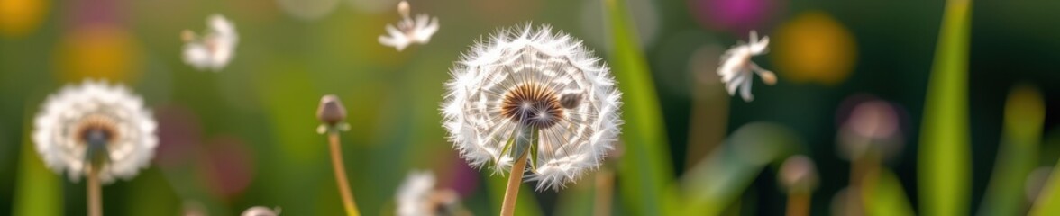Wall Mural - Fluffy dandelion seeds disperse on a breezy day, floating gently on the wind, outdoor, serene