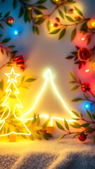 Wall Mural - Creative fluorescent Christmas layout made of leaves branches and Christmas tree neon sign Flat lay