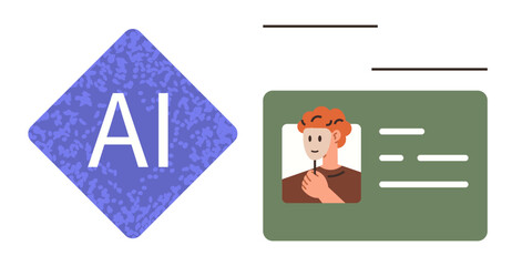 AI element next to a digital ID with photo, text, and green background. Ideal for technology, AI use, data security, identity verification, digital tools, innovation simple flat metaphor