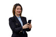 © PeopleVideos - Businesswoman smiling and using mobile phone for communication, technology, and corporate connection on transparent background