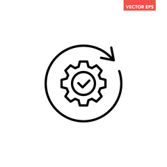 Black single round gear update confiremed line icon, simple cogwheel process flat design vector pictogram, infographic interface elements for app logo web button ui isolated on white background