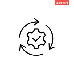 Black single round gear update confiremed line icon, simple cogwheel process flat design vector pictogram, infographic interface elements for app logo web button ui isolated on white background