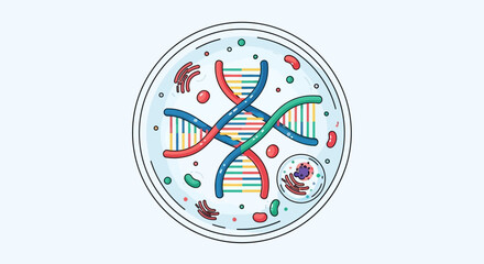 Colorful Illustration of DNA strands and cell elements within a petri dish on a light background
