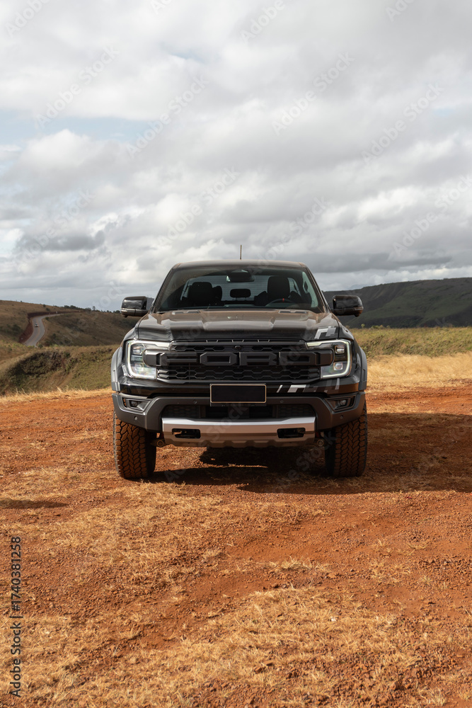 Photo Stock Black Ford Ranger Raptor truck front view, Symmetrical shot ...