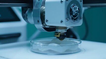 Close Up of Three Dimensional Printing Machine Creating Structure on Clear Circular Dish with Greenish Background and Blue Lighting