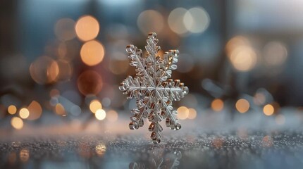Close up of a clear snowflake on a textured surface with blurred lights in the background bokeh effect