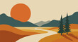 © Junaid - Serene landscape with mountains trees and a winding path under a warm sunset glow