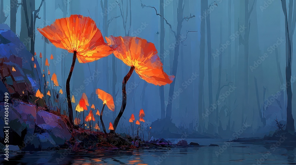 Enchanting glowing mushrooms in a mystical forest reflecting in the ...