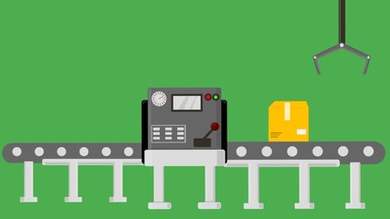 Production line animation concept. Packaging process flow. Open box enters conveyor. Packed product exits. Factory system movement. green screen background