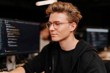 Modern Tech Workspace: A Focused Individual Engaged in Coding and Development, Illuminated by the Glow of Display Screens. 