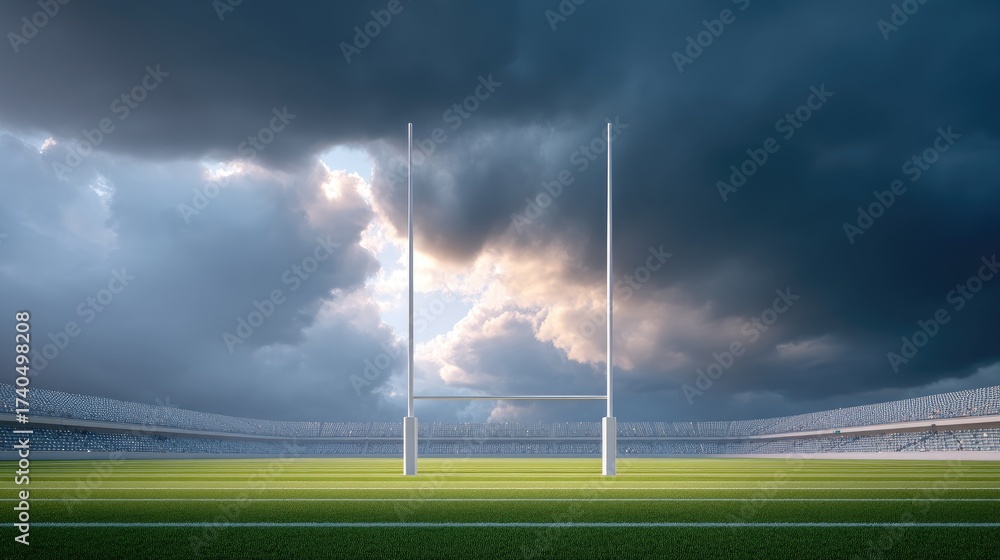 Dramatic Sky Over Empty Rugby Field with Goalposts Stands Ready for ...