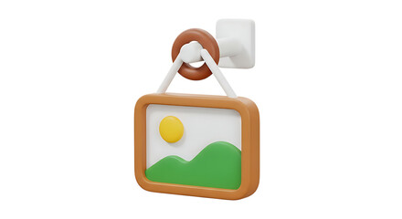 3d illustration of a framed picture with a landscape painting hanging on a wall hook, isolated on transparent background