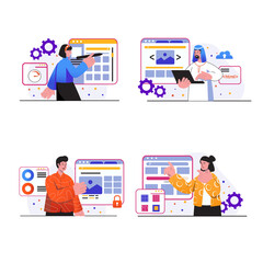 Web Design Development Team Collaboration on Website Layout with Gear Graphics and Colorful UI Elements on White Background