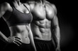 © QQPK14 - A fit woman and man with well-defined abs pose side by side, highlighting muscular physiques in athletic wear against a dark background