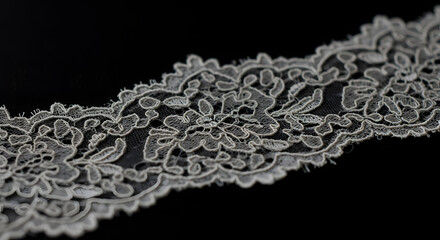 A close-up captures the delicate beauty of white lace with floral and circular patterns against a contrasting black background, showcasing intricate details and creating a soft, elegant mood.