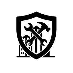A black and white illustration of a shield with tools, representing construction and building maintenance services, with a cityscape background.