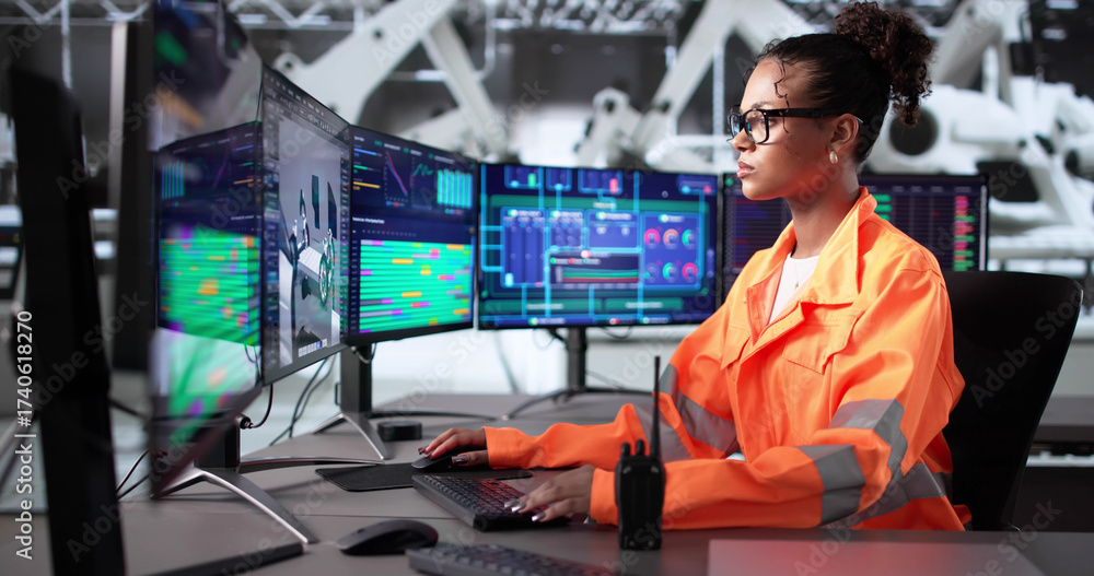 Young African-American Woman Operating SCADA System Stock Photo | Adobe ...