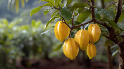 Ripe carambola fruit hanging on tree branch in tropical orchard, vibrant yellow color, natural sunlight, fresh and healthy produce