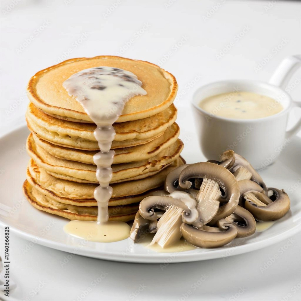 Stack of pancakes with mushroom sauce and creamy dip on plate Stock ...