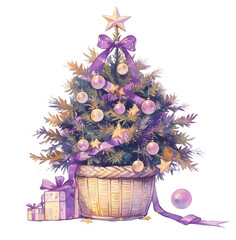 Wall Mural - PNG Purple coquette Christmas Tree in a basket christmas decoration watercolor.