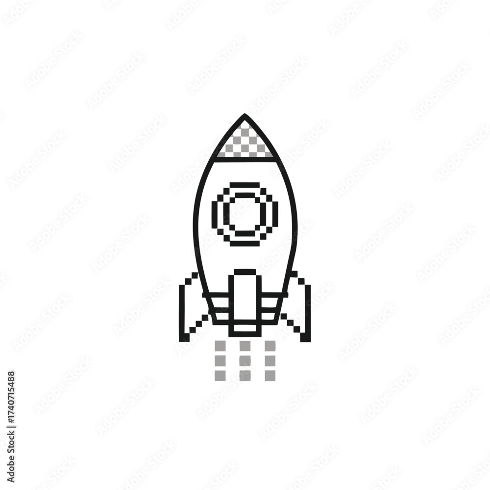 Rocket Pixel Art With Launching Flames and Checkerboard Design on White ...