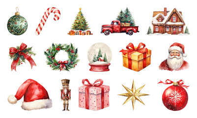 Wall Mural - PNG Festive Christmas holiday decorations illustration, element set on transparent background