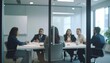 © Hyejin Kang - Business people negotiate sit at conference table behind closed glass door at group private meeting.