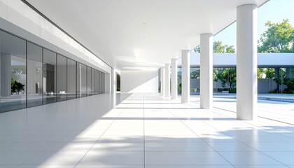 Modern architectural interior with clean white walls, tiled floor, glass facade