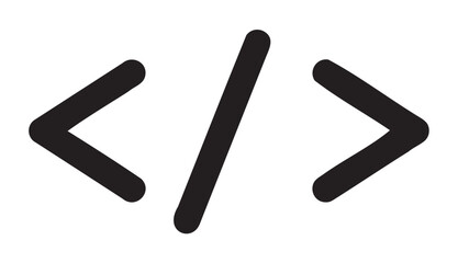 Black outline icon of an html code symbol with angled brackets, representing programming and web development concepts.