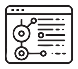 Black outline vector icon of a computer window displaying a flowchart and text, representing a digital process or data analysis.