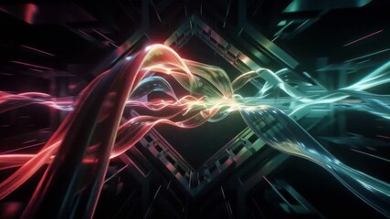 Wall Mural - Vibrant abstract light streams through a futuristic digital tunnel, showcasing interconnected energy and technological innovation within a dynamic cybernetic landscape