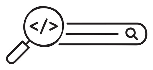 Black outline vector icon of a search bar with a magnifying glass displaying html code brackets. minimalist design for web development and coding concepts.
