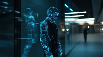 A futuristic humanoid robot stands against a glass wall. The sleek design showcases advanced technology. This scene embodies innovation and imagination. Generative AI