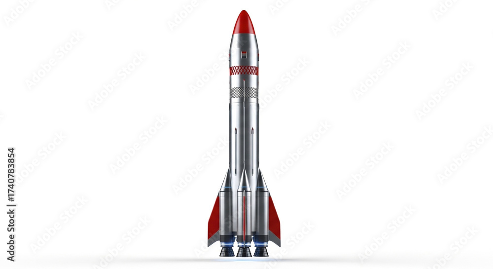 A sleek silver rocket stands tall isolated on white background, ready ...