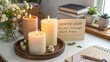 © Qhalifah - Lit candles with soft glow on round wooden tray and table
