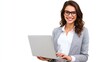 © ittipol - A confident businesswoman smiles while working on her laptop. She wears stylish glasses and a professional outfit, embodying success and modern entrepreneurship in a digital age.
